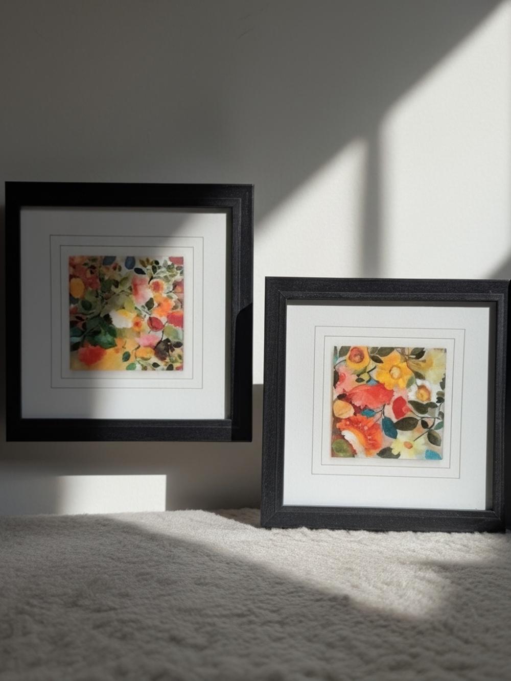 Kim Parker Set of 2 Watercolor Floral Art Prints. Matted and Framed Black.